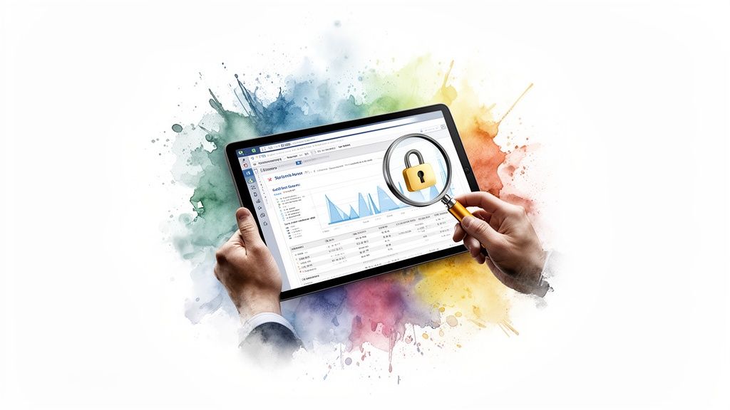 Hands hold a tablet displaying data analysis, with a magnifying glass showing a security padlock.