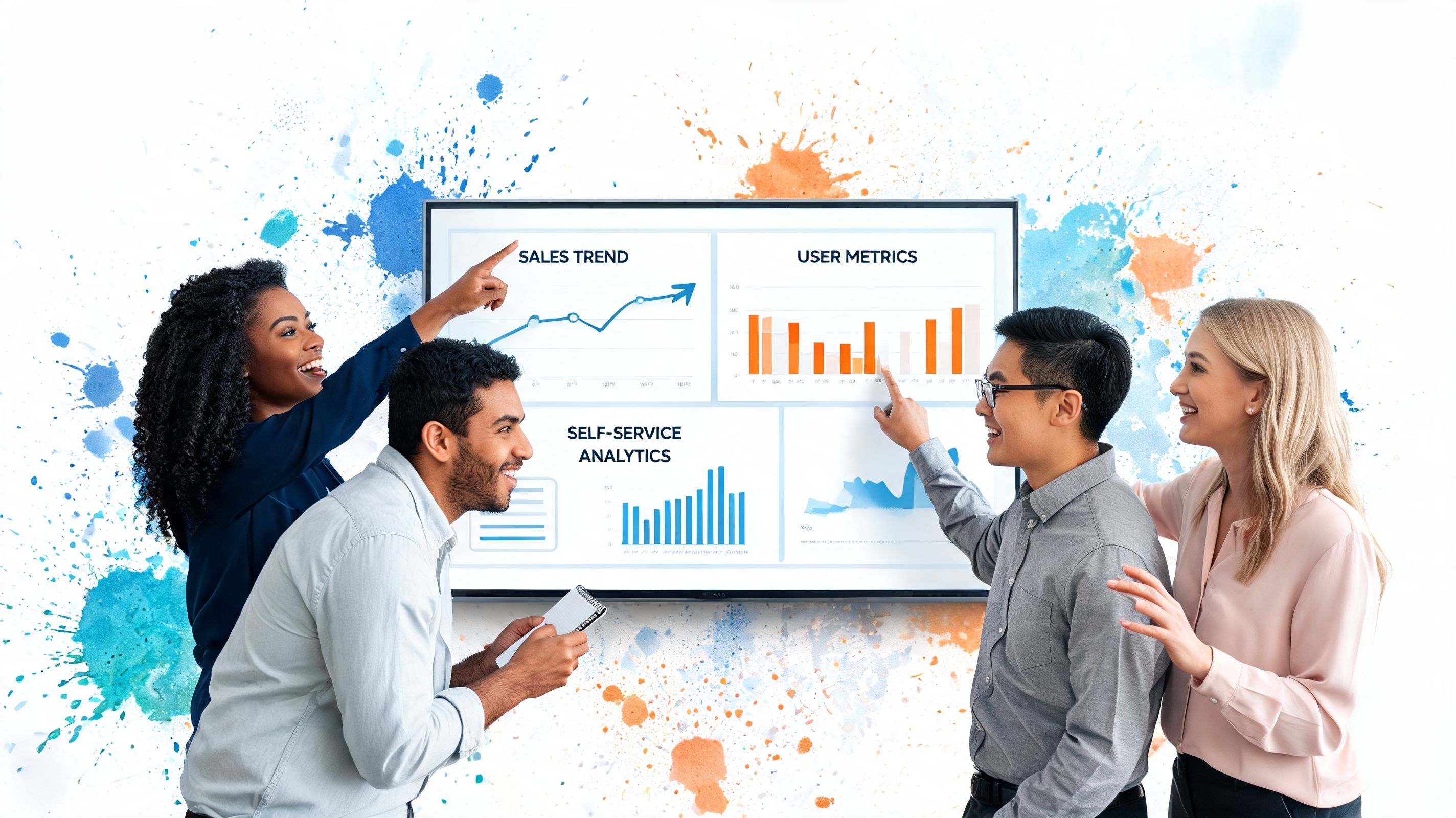 A diverse group of business professionals looking at analytical data trends displayed on a large screen.