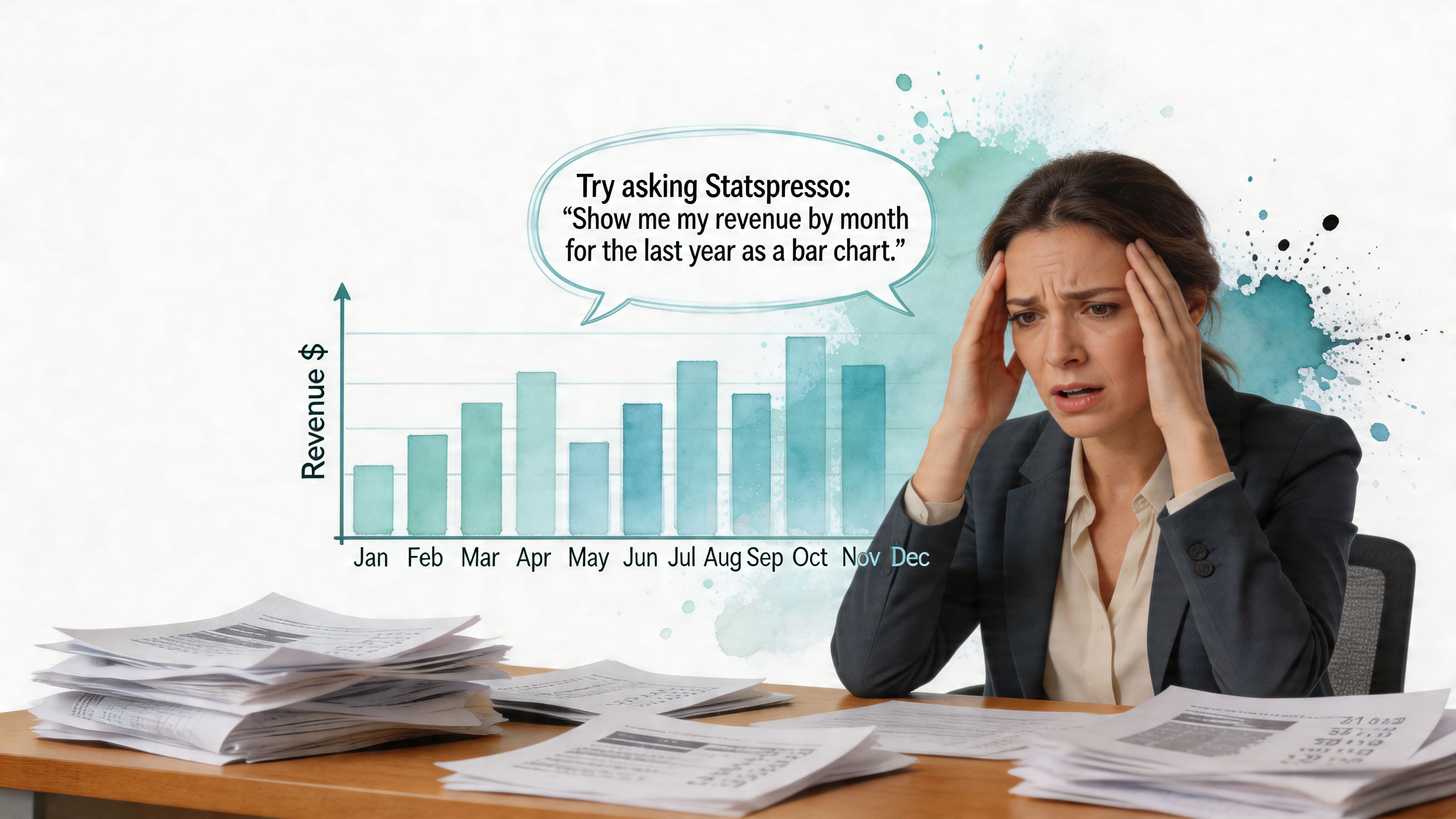 A stressed businesswoman sits at a desk piled with paperwork while a bar chart visualization appears behind her.