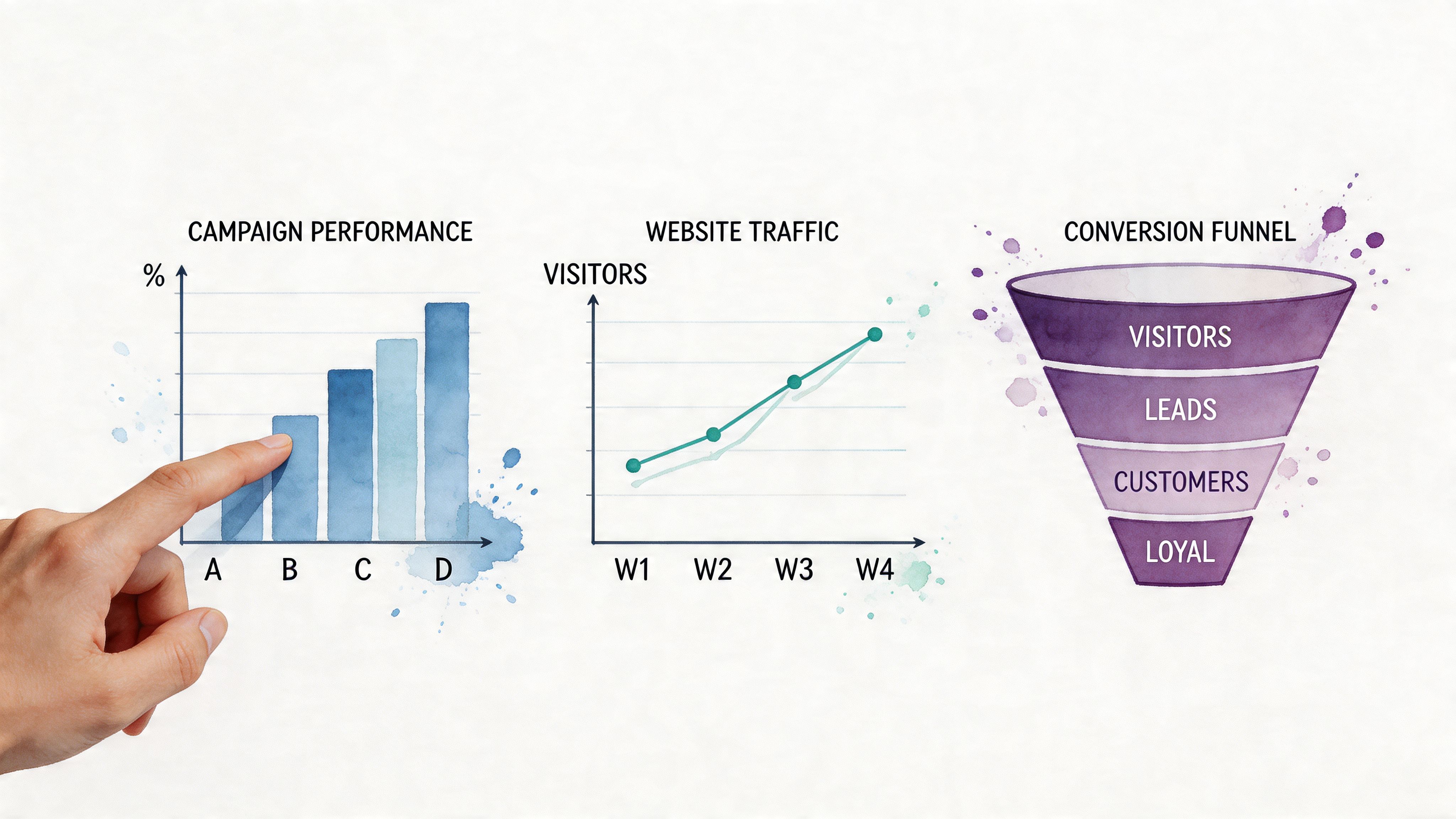 A hand points at a bar chart showing business data visualization including campaign performance, website traffic, and a conversion funnel.
