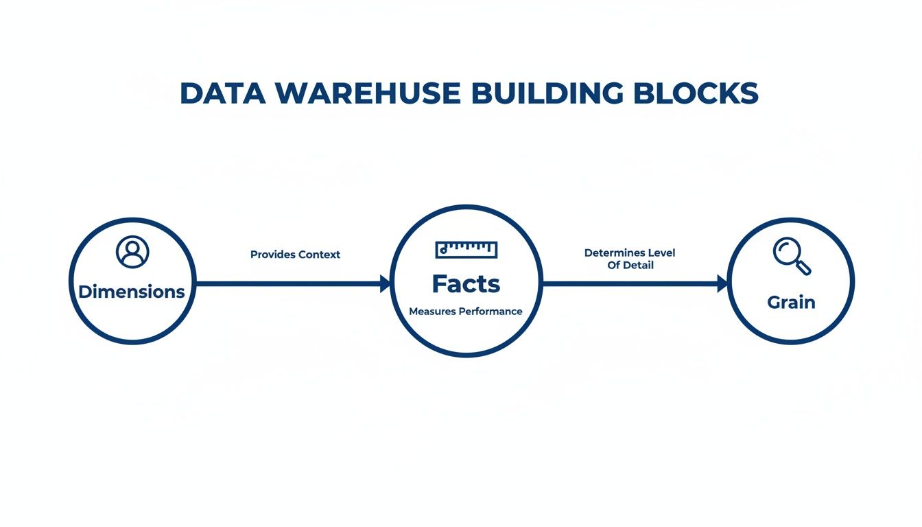 Diagram illustrating data warehouse building blocks: Dimensions provide context for Facts, which measure performance and determine Grain level of detail.