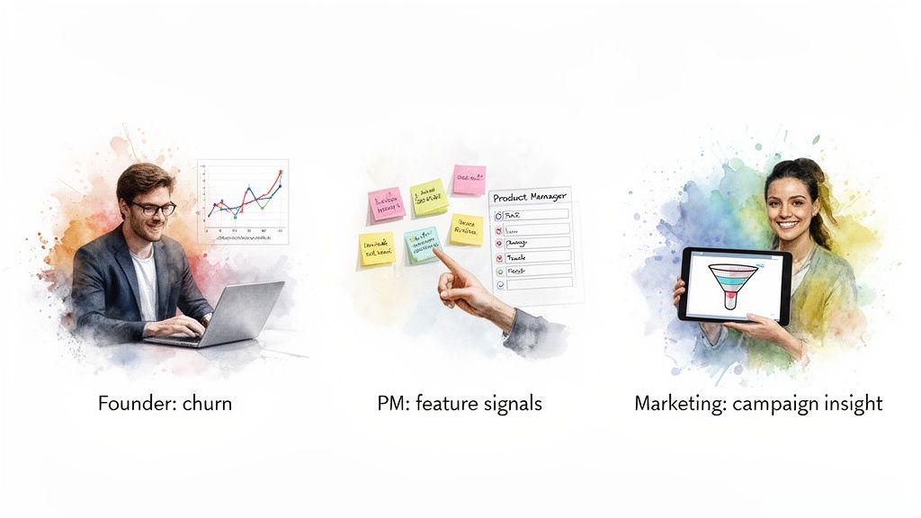 Three business roles (founder, product manager, marketing) interpret data for churn, features, and campaigns.