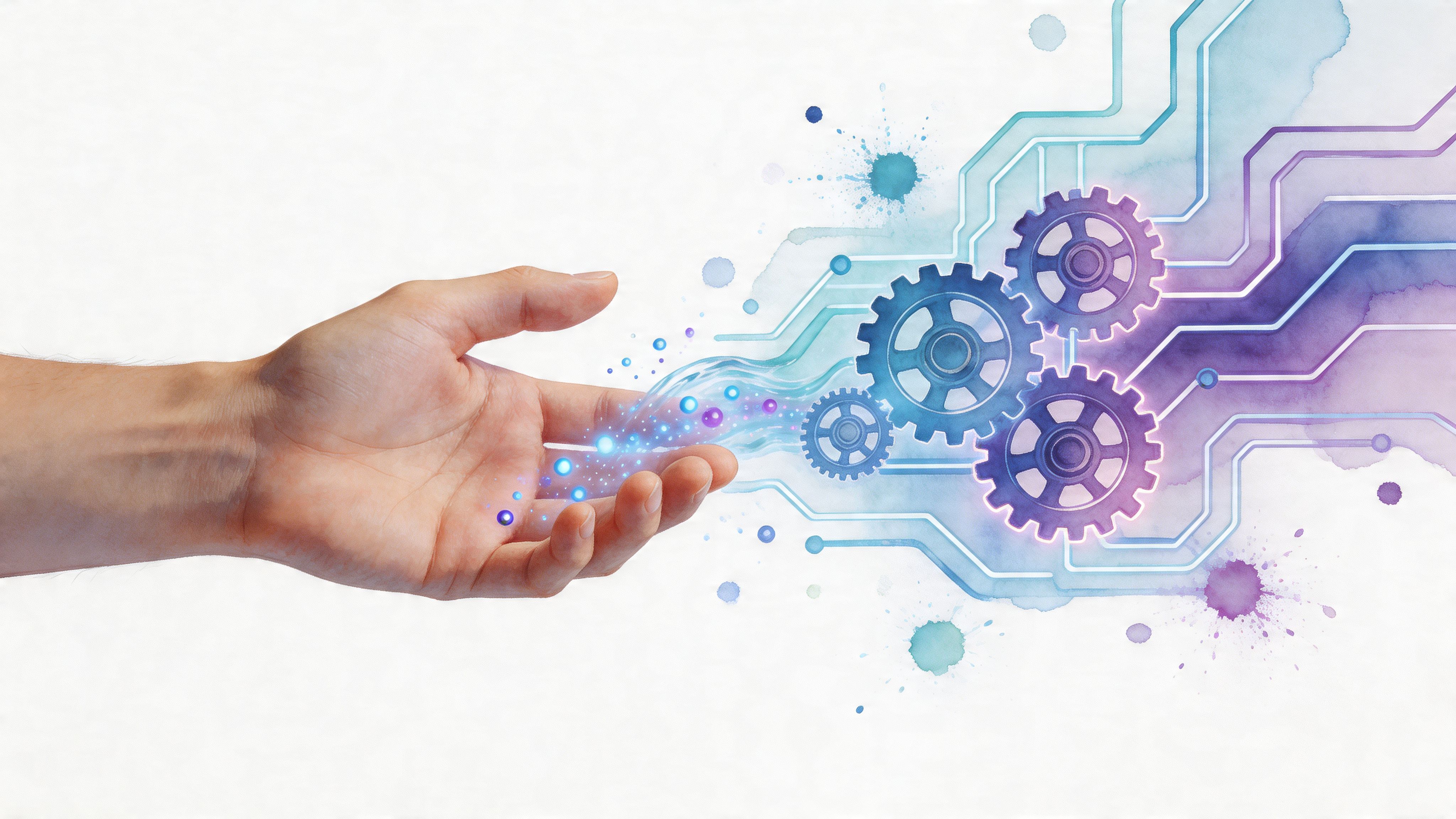 A human hand reaching toward digital gears and glowing particles representing connectivity and real time data analytics.