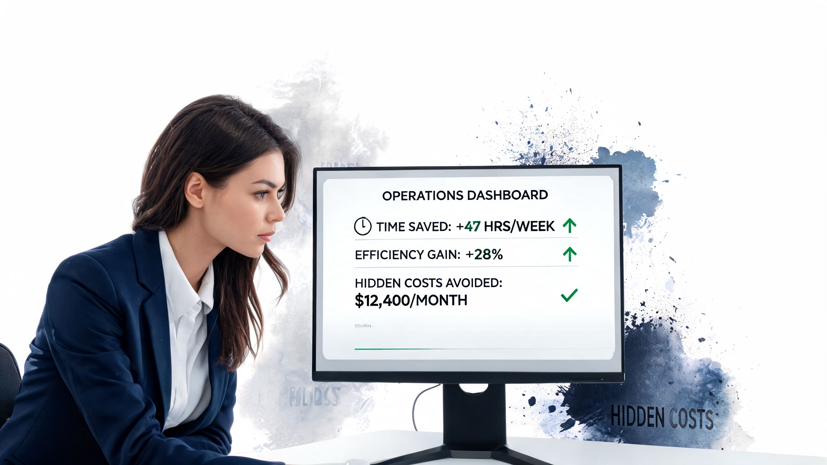A professional woman in a business suit reviewing analytics on a computer screen showing operational gains.