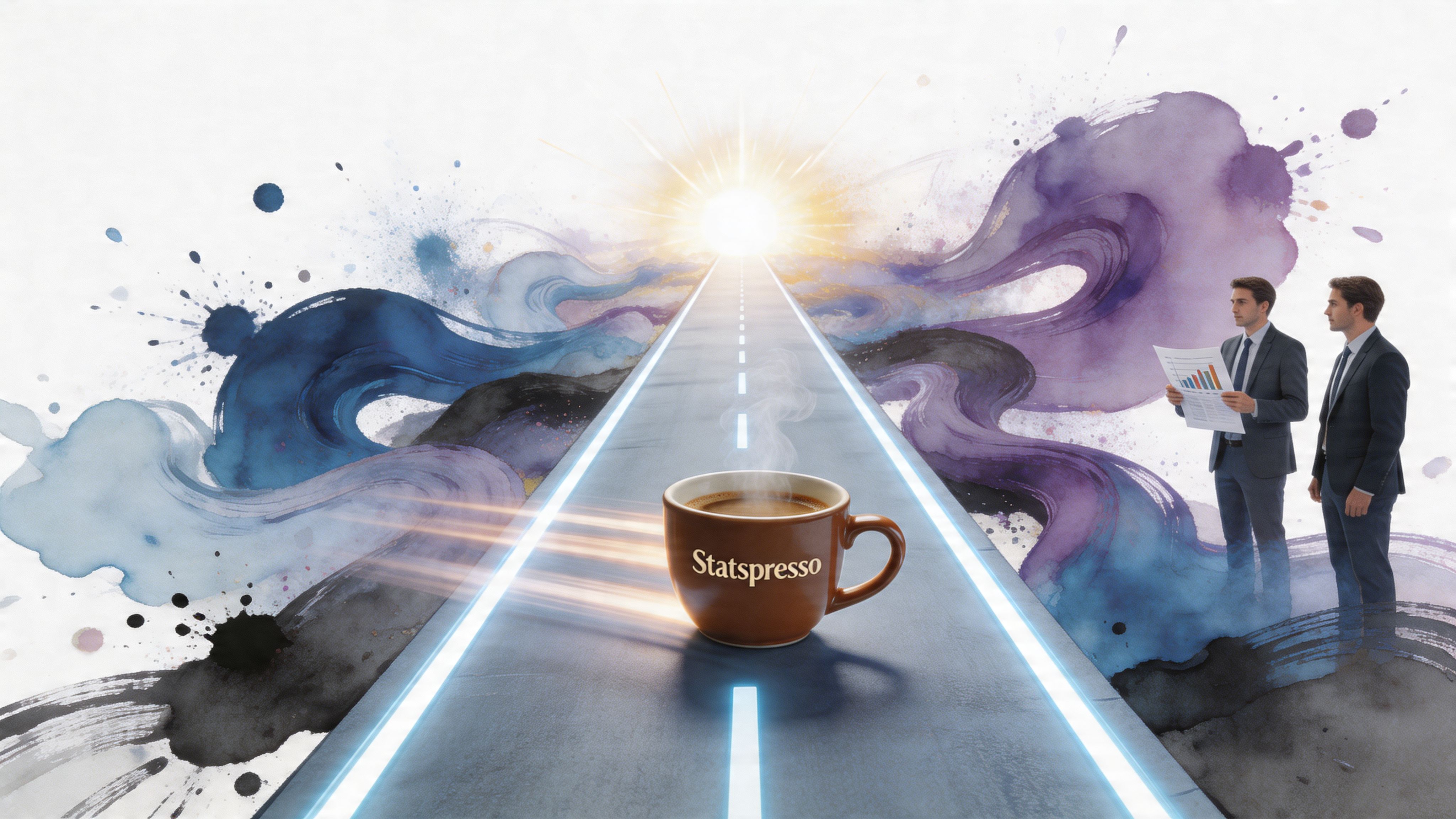 A professional man holding a chart stands on a road leading towards a glowing horizon with coffee.