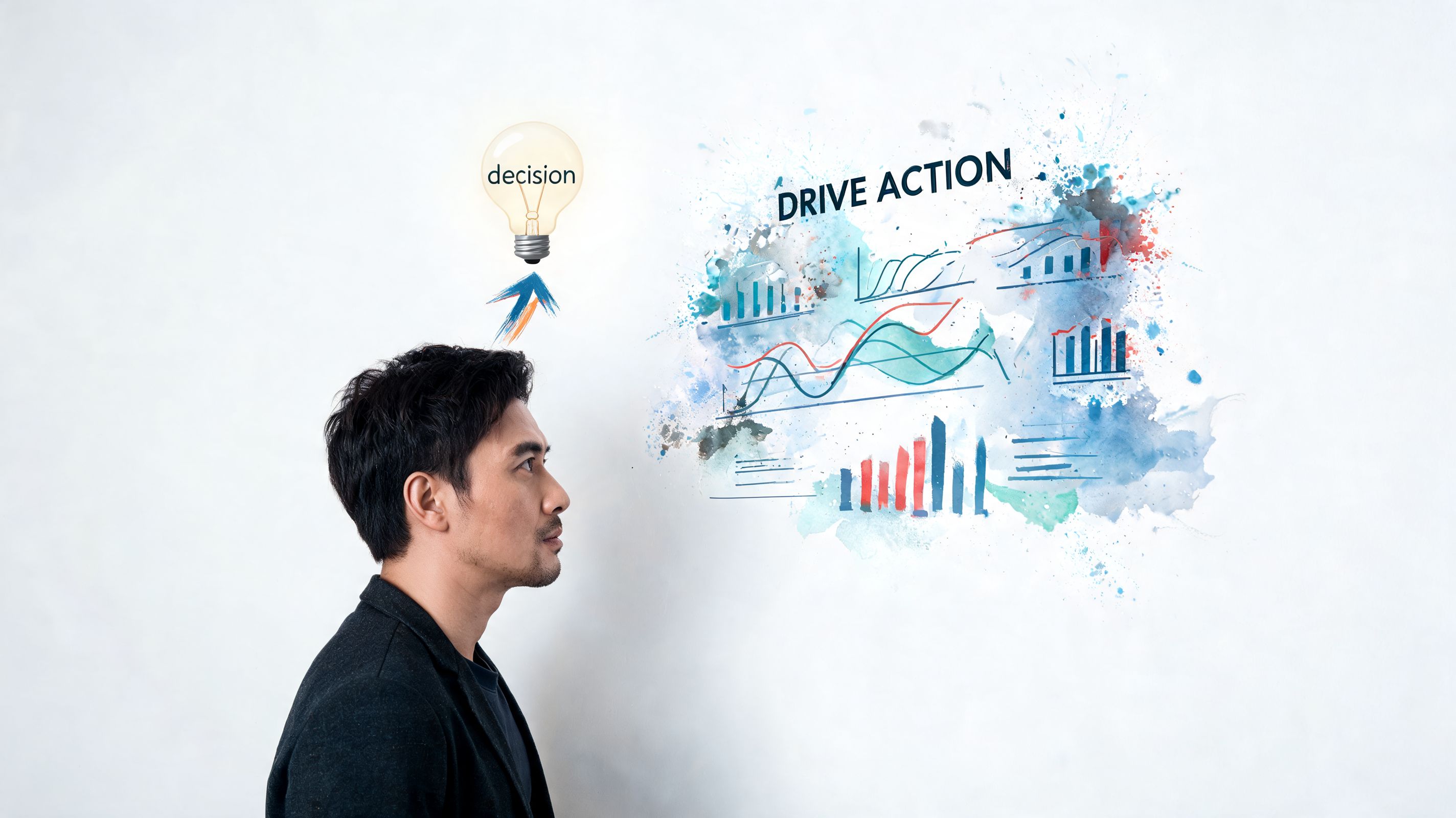A businessman looking at a wall with a lightbulb icon, charts, and the text Drive Action.