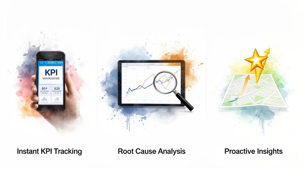 Illustrations depicting instant KPI tracking on a phone, root cause analysis on a tablet, and proactive insights with a map.