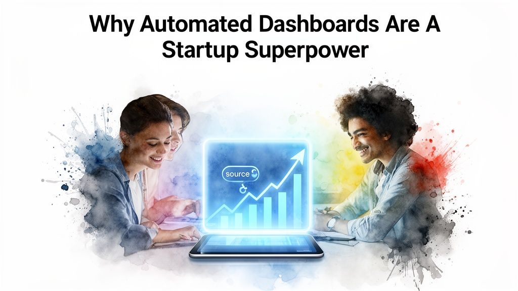 A diverse startup team collaborates, viewing an automated dashboard on a tablet showing business growth.
