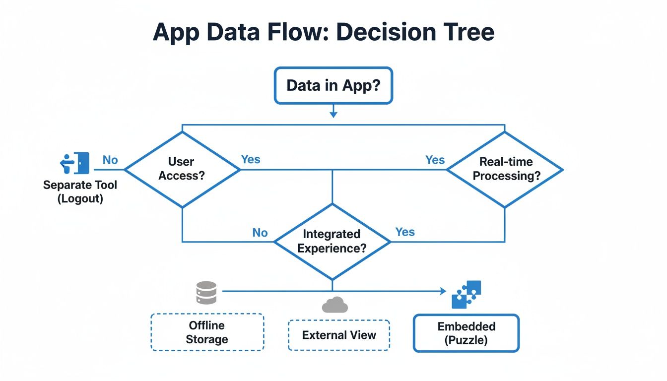 A decision tree flowchart illustrating app data flow, user access, real-time processing, and embedded analytics options.