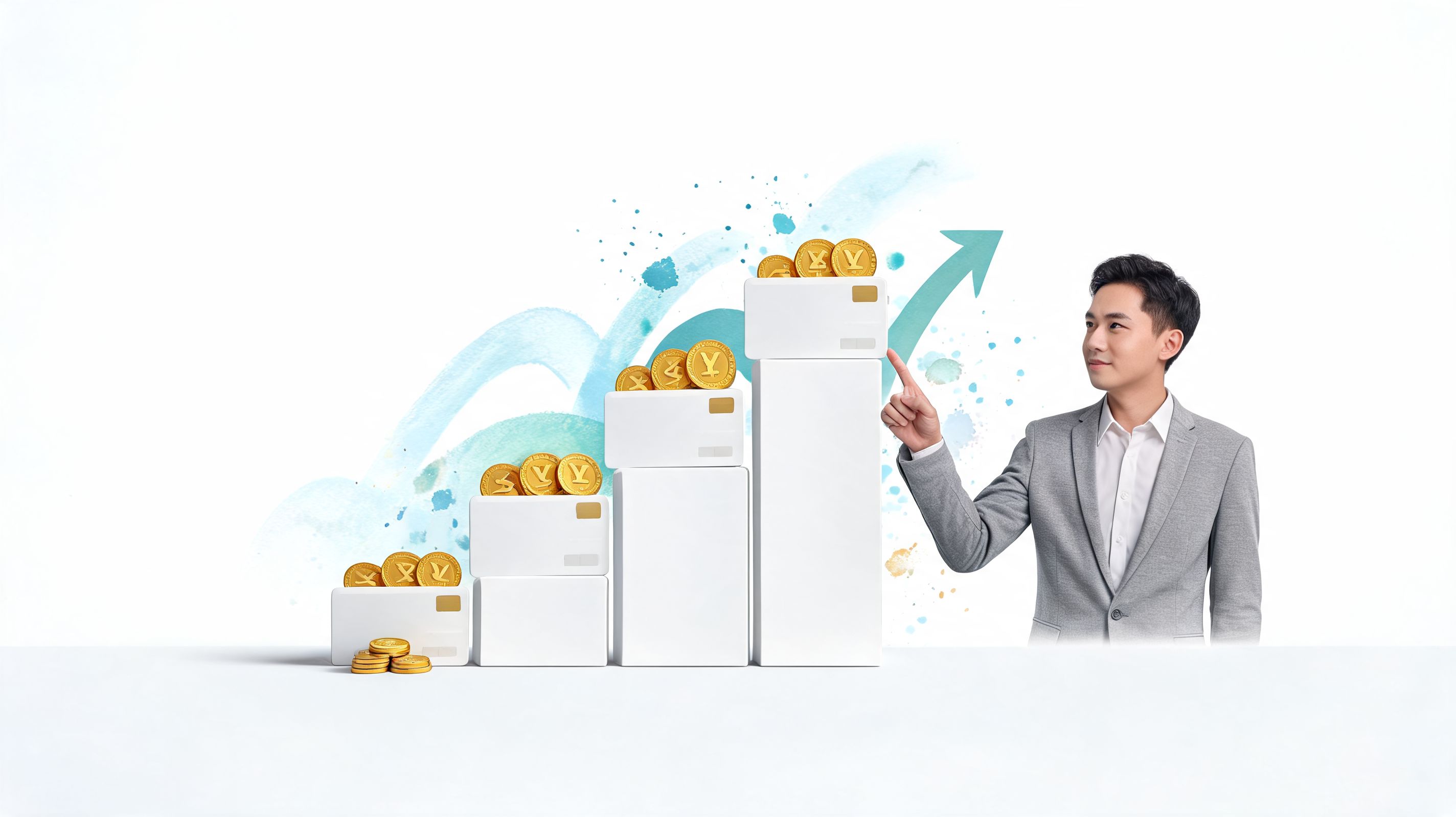 A professional man pointing towards a growing chart of stacked credit cards with golden yen coins.