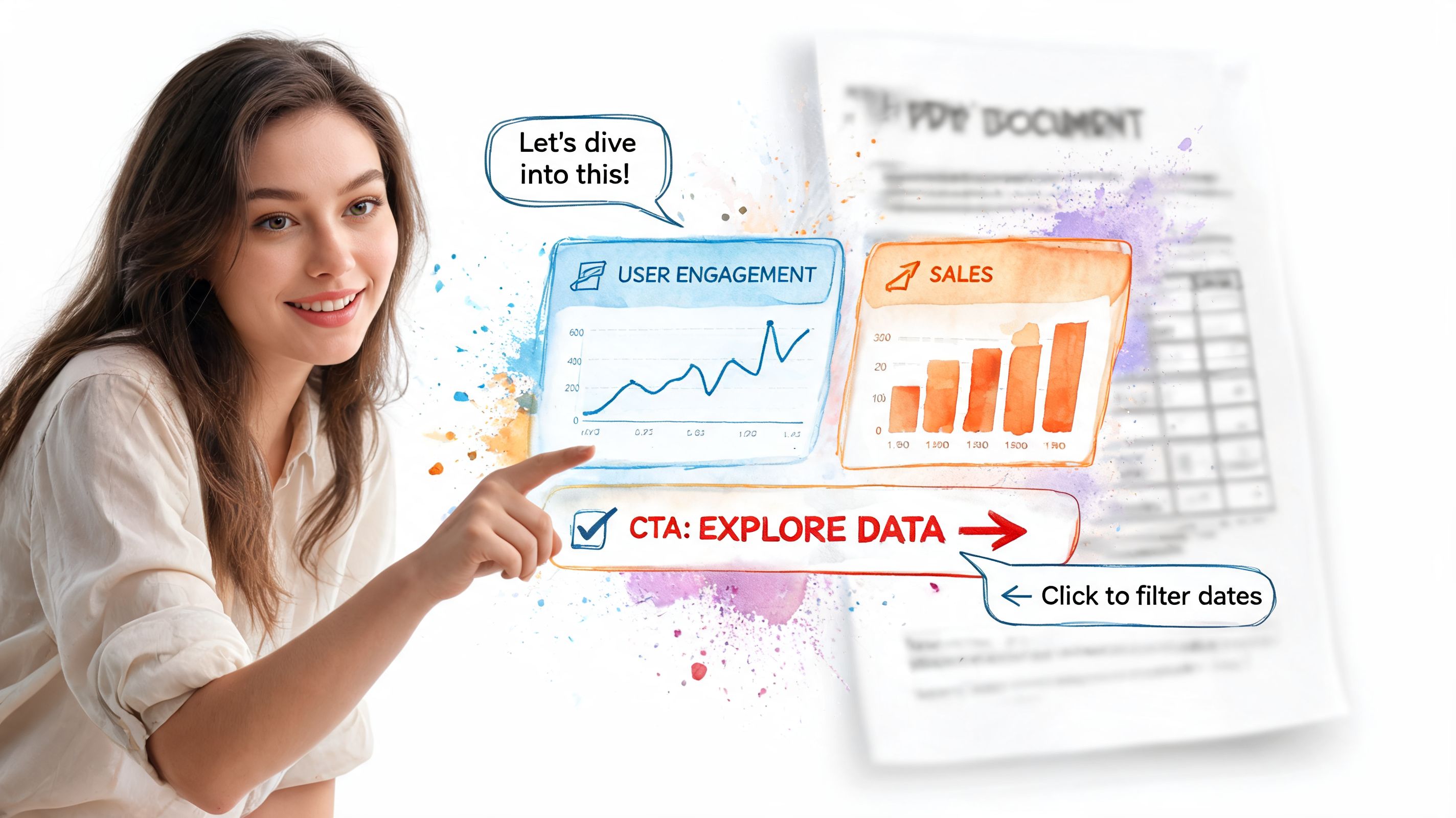 A smiling woman pointing at interactive digital charts representing user engagement and sales data analytics.