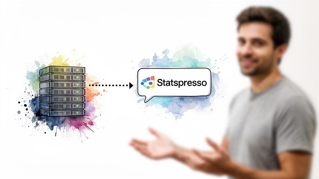 Watercolor illustration: data servers transfer information to 'Statspresso' service, presented by a smiling man.