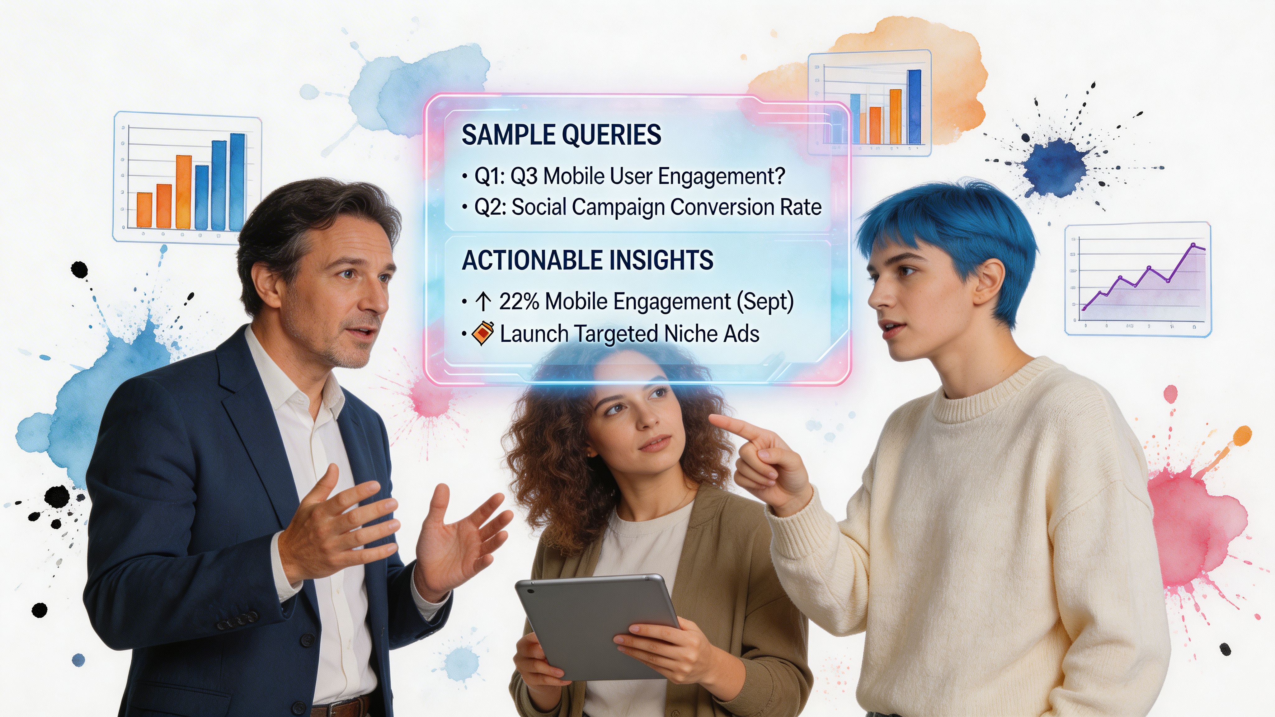 Three business professionals collaborating while looking at a futuristic digital interface displaying charts and business insights.