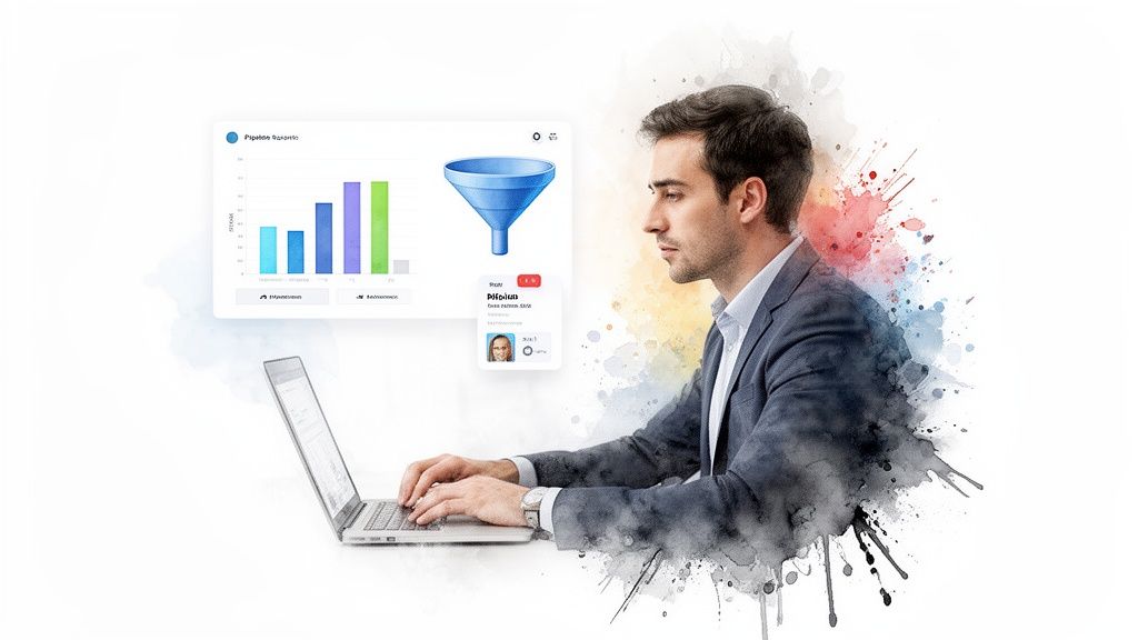 A man analyzes a digital business intelligence dashboard on his laptop, featuring charts and a funnel.