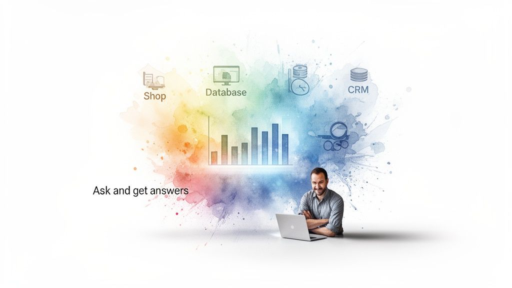 Man uses a laptop with a colorful data analytics visualization connected to shop, database, and CRM.
