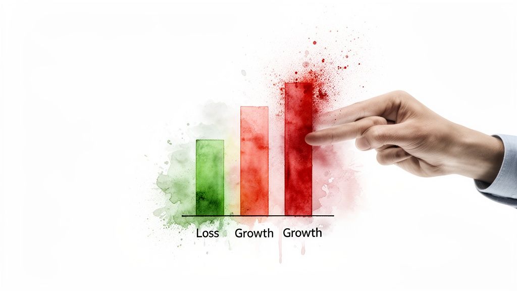 A hand points to a prominent red bar representing growth on a watercolor-style bar chart, next to bars for loss and growth.