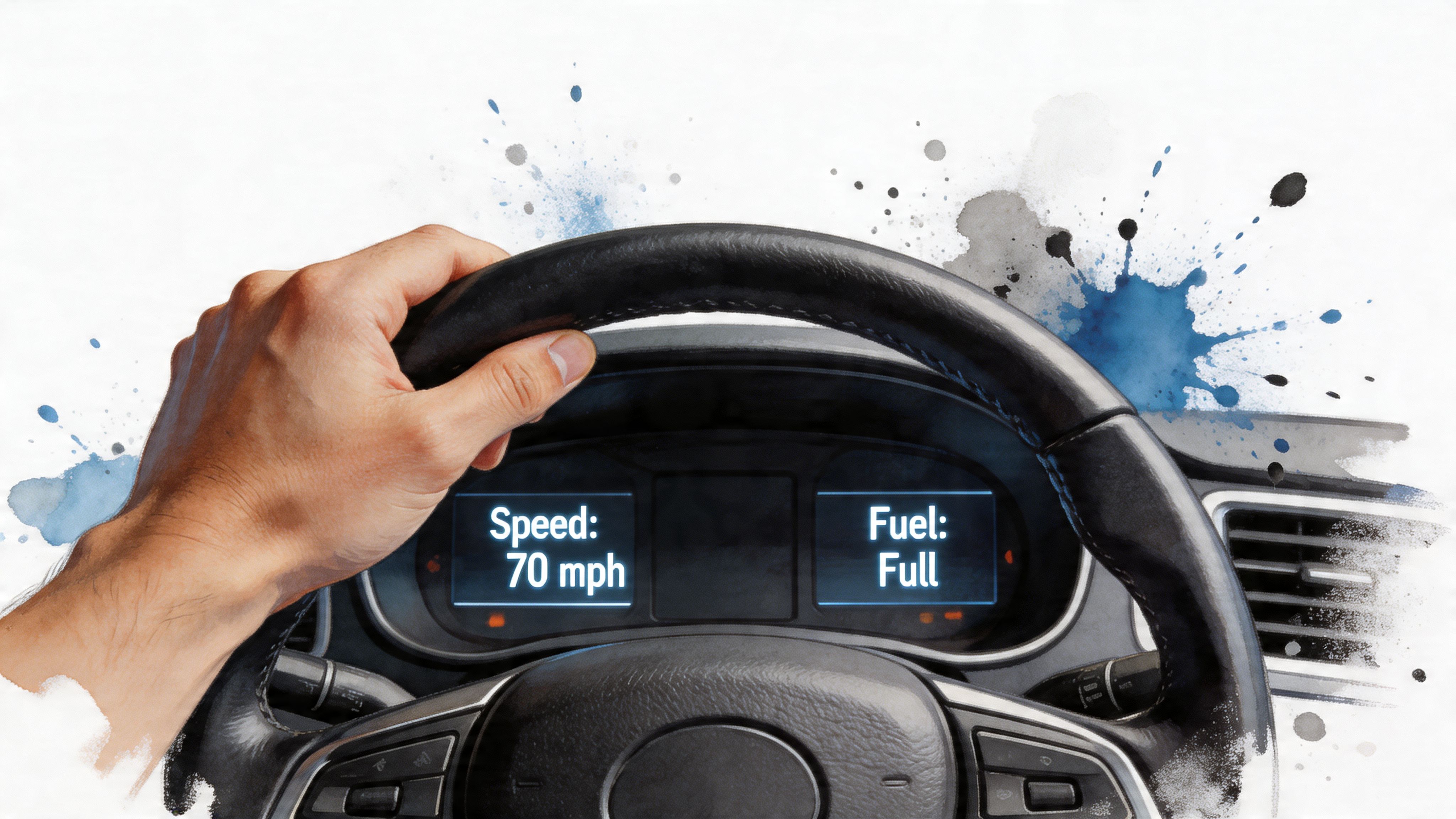 A close up view of a driver's hand on a steering wheel with a digital dashboard display.